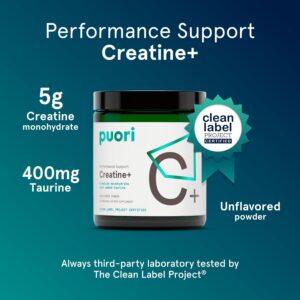 Puori Creatine Monohydrate Powder with Taurine – Unflavored Creatine Powder, Pre-Workout Supplement for Men & Women – Muscle Builder, Enhanced Workout Performance & Strength Building – 60 Servings