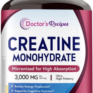 Doctor’s Recipes Creatine Monohydrate 3000 mg Per Serving, Micronized Creatine Capsules for Women & Men, for Strength, Energy, Recovery, High Absorption, Vegan, 120 Capsules