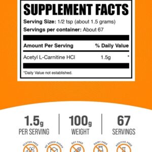 BulkSupplements.com Acetyl L-Carnitine Powder – as ALCAR HCl, Carnitine Supplement – Gluten Free, 1.5g per Serving, 100g (3.5 oz) (Pack of 1)