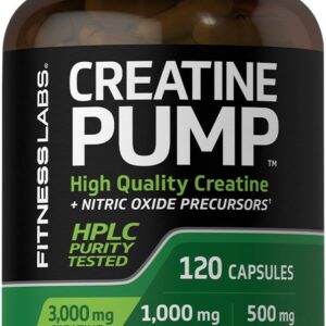 Fitness Labs Creatine Capsules | 120 Count | 3000mg | Creatine Monohydrate | Pump Supplement | Plus Nitric Oxide Precursor | HPLC Tested | Non-GMO