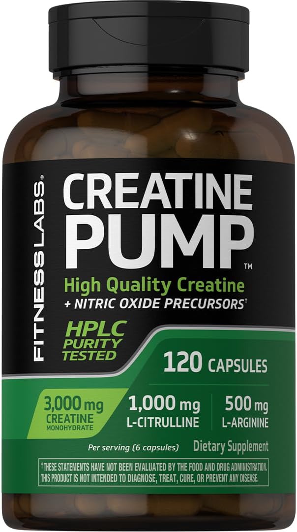 Fitness Labs Creatine Capsules | 120 Count | 3000mg | Creatine Monohydrate | Pump Supplement | Plus Nitric Oxide Precursor | HPLC Tested | Non-GMO