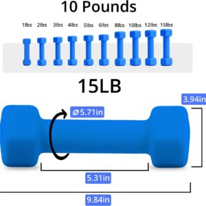 Portzon Dumbbells Neoprene with Non Slip Grip weight for Total Body Workout Compatible with of 2 Set,1-15 LB, Anti-Slip, Anti-roll, Hex Shape