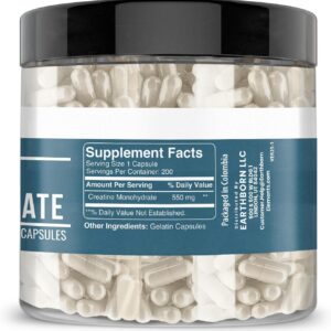 Earthborn Elements Creatine Monohydrate 200 Capsules, Pure & Undiluted, No Additives