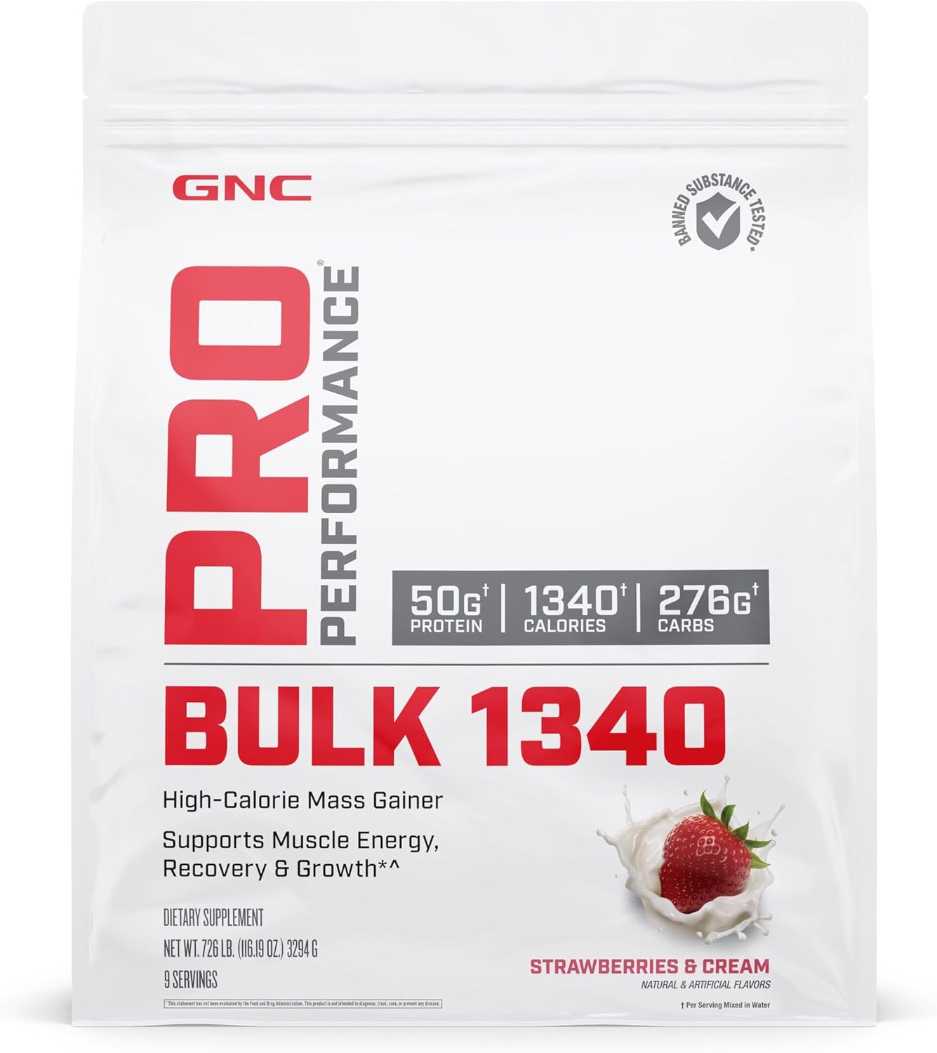 GNC Pro Performance Bulk 1340 Mass Gainer Protein Powder, 50g, Gluten Free, Whey, Creatine, BCAA, 3rd Party Tested, Muscle Recovery & Growth, Micronutrients, Strawberries and Cream, 9 Servings - Image 2
