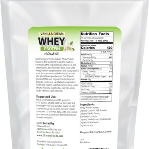 Z Natural Foods Vanilla Cream Whey Protein Isolate, Nutrition-Rich, Flavorful Protein Powder for Heart Health and Immunity, Great in Tea, Coffee, Smoothie, Non-GMO, Gluten-Free, Kosher, 5 lbs