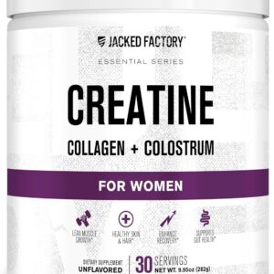 Jacked Factory Creatine for Women – Creatine Monohydrate with Collagen + Colostrum to Support Workout Performance, Lean Muscle Growth, Healthy Hair, Skin, & Nails – 30 Servings, Unflavored