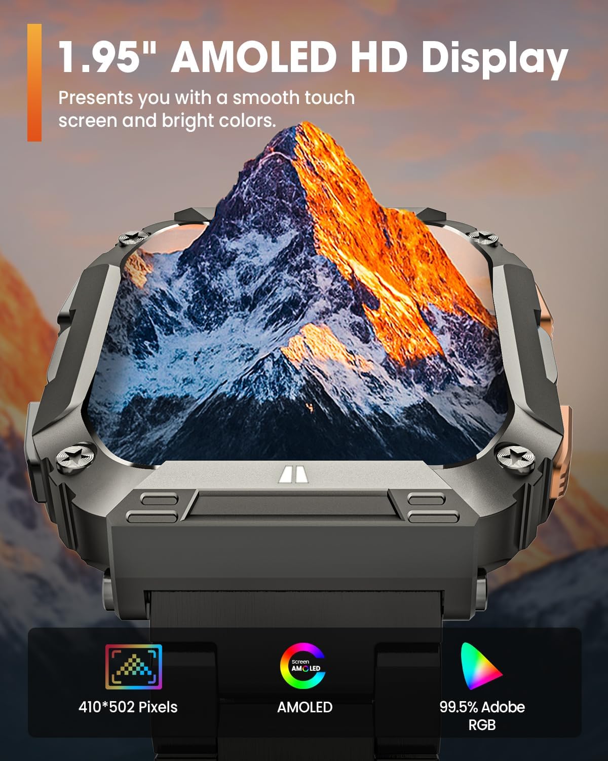 Military Smart Watches for Men, 1.95'' Smart Watch with 100 Days Battery/Flashlight, Fitness Tracker Watch with Heart Rate/Sleep Monitor/100+ Sports Mode,5 ATM Rugged Smartwatch for Android and iPhone - Image 8