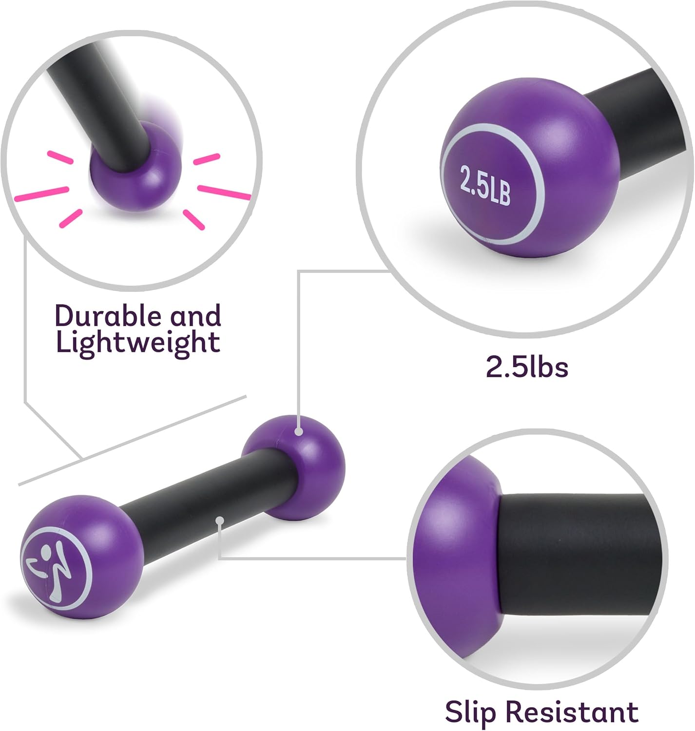Zumba 2.5 lb Dumbbells Set of 2 - Hand Weights for Women, For Home Fitness Workout Excercise Weights Dumbbells Set, Purple - Image 3