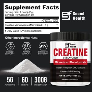 Creatine Monohydrate Powder 5000mg Pure Creatine Powder Monohydrate Micronized 300g (60 Servings) Unflavored Nutritional Supplements for Men & Women Sugar-Free,Vegan, Non-GMO with Scoop