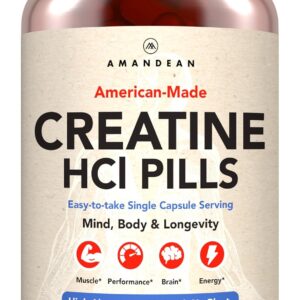 AMANDEAN Creatine HCl Pills. American Made CON-CRET. 120 Capsules. 7X Concentrated vs Monohydrate Powder. No Bloat. Muscle, Energy, Cognitive, Recovery Support for Men & Women. Gluten Free, Non-GMO.