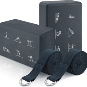 RETON Yoga Blocks Set with Straps, High Density Yoga Bricks, Lightweight EVA Foam Pilates Block, 2 Yoga Blocks with 2 Straps for Yoga, Pilates, Fitness, Stretching and Toning