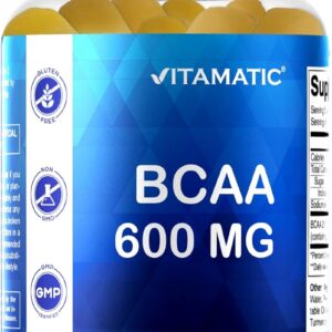 Vitamatic BCAA Gummies – Branch Chain Amino Acid Supplements – Peach Flavor – 600mg per Serving – 60 Vegan Pectin Based Gummies (1 Bottle)
