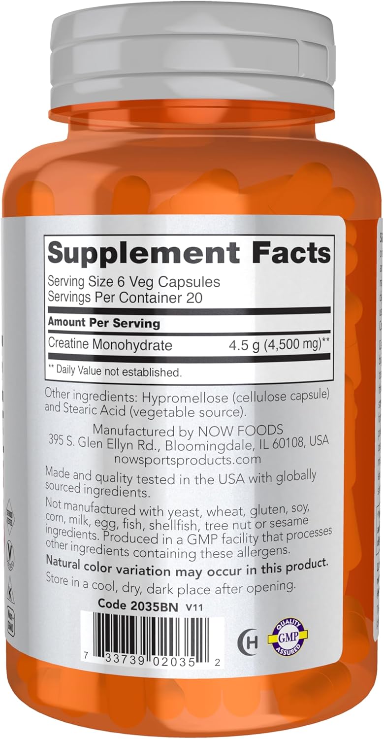 NOW Foods Sports Nutrition, Creatine Monohydrate 750 mg, Mass Building*/Energy Production*, 120 Veg Capsules - Image 2
