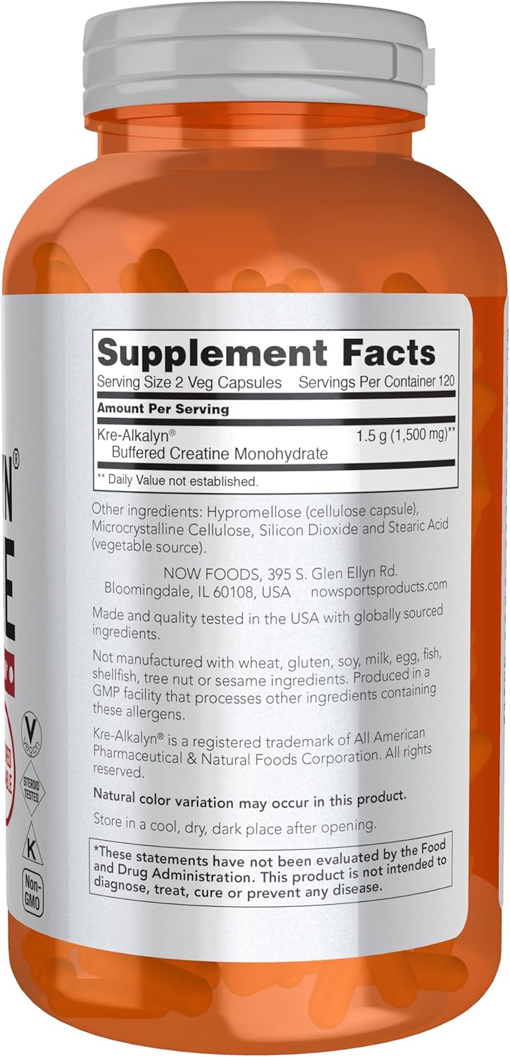NOW Foods Sports Nutrition, Kre-Alkalyn Creatine 750 mg, Mass Building*/Energy Production*, 240 Veg Capsules - Image 2