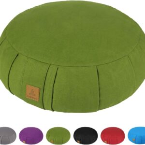 Round Zafu Meditation Cushion, D=15″ H=5.5″ Zabuton Meditation Pillow, Yoga Bolster/Pillow, Floor seat, Zippered Organic Cotton Cover, Natural Buckwheat, Kneeling Pillow