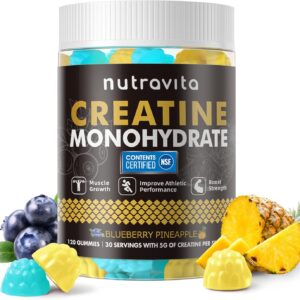 Nutravita NSF Certified Creatine Gummy – Creatine Monohydrate Gummies for Men & Women-5g of Creatine Monohydrate per Serving – Sugar Free,Vegan,Blueberry Pineapple Flavor, 120 Count