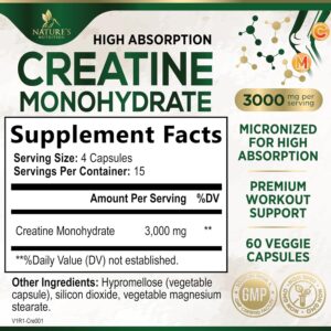 Creatine Monohydrate Capsules 3000mg – Best Micronized Creatine Powder – Supports Lean Muscle, Strength, Energy, & Endurance – Nature’s Supplement, Non-GMO, Gluten Free for Women & Men – 60 Capsules