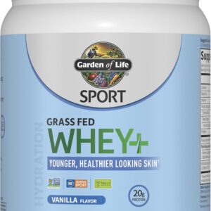 Garden of Life SPORT Whey Protein Powder Vanilla Flavor 20g Plus Marine Collagen Peptides & MSM for Women and Men, Optimum Amino Energy, Younger, Healthier Looking Skin – Grass Fed, About 15 Servings