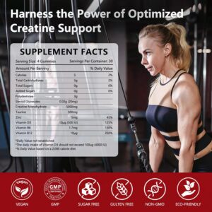 Creatine Monohydrate Gummies 5000mg for Women and Men – Pre-Workout Supplement with Magnesium, Zinc & Taurine – Strawberry Flavor – Builds Muscle Strength – Boosts Energy, Vegan – 120 Gummies