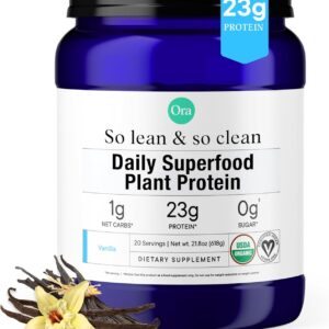 Ora Organic Plant-Based Protein Powder – 23g Protein for Women and Men – Vanilla Flavor 20 Servings, Vegan, Clean Protein, Third-Party Tested, Gluten-Free – 20 Servings
