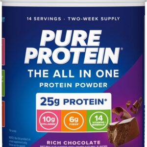 Pure Protein All-In-One Powder, Rich Chocolate – Whey & Collagen, High Fiber, Vitamins, No Added Sugar, Non-GMO, Gluten-Free, 1.25lb