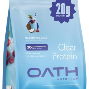 Oath Nutrition Clear Whey Isolate Protein Powder, Blue Razz Coconut, 20g Complete Protein per Serving, No Added Sugar, Grass-Fed, 18 Servings