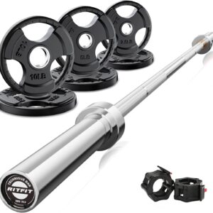 RitFit Barbell Weight Set – 4/6FT Olympic Barbell with Weight Plates (55-115LB Total) – Weightlifting Equipment for Squats, Curls, Deadlifts, Presses, Hip Thrusts