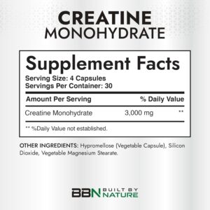 Built by Nature Creatine Monohydrate Pills – Micronized Creatine Supplement for Men & Women – Muscle Strength, Energy, Endurance, and Recovery – Gluten-Free, Vegan, Non-GMO – 120 Capsules