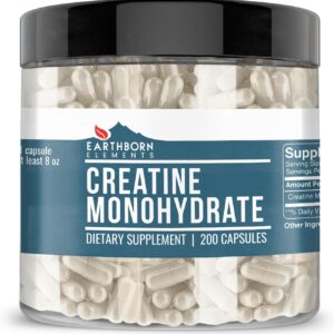 Earthborn Elements Creatine Monohydrate 200 Capsules, Pure & Undiluted, No Additives