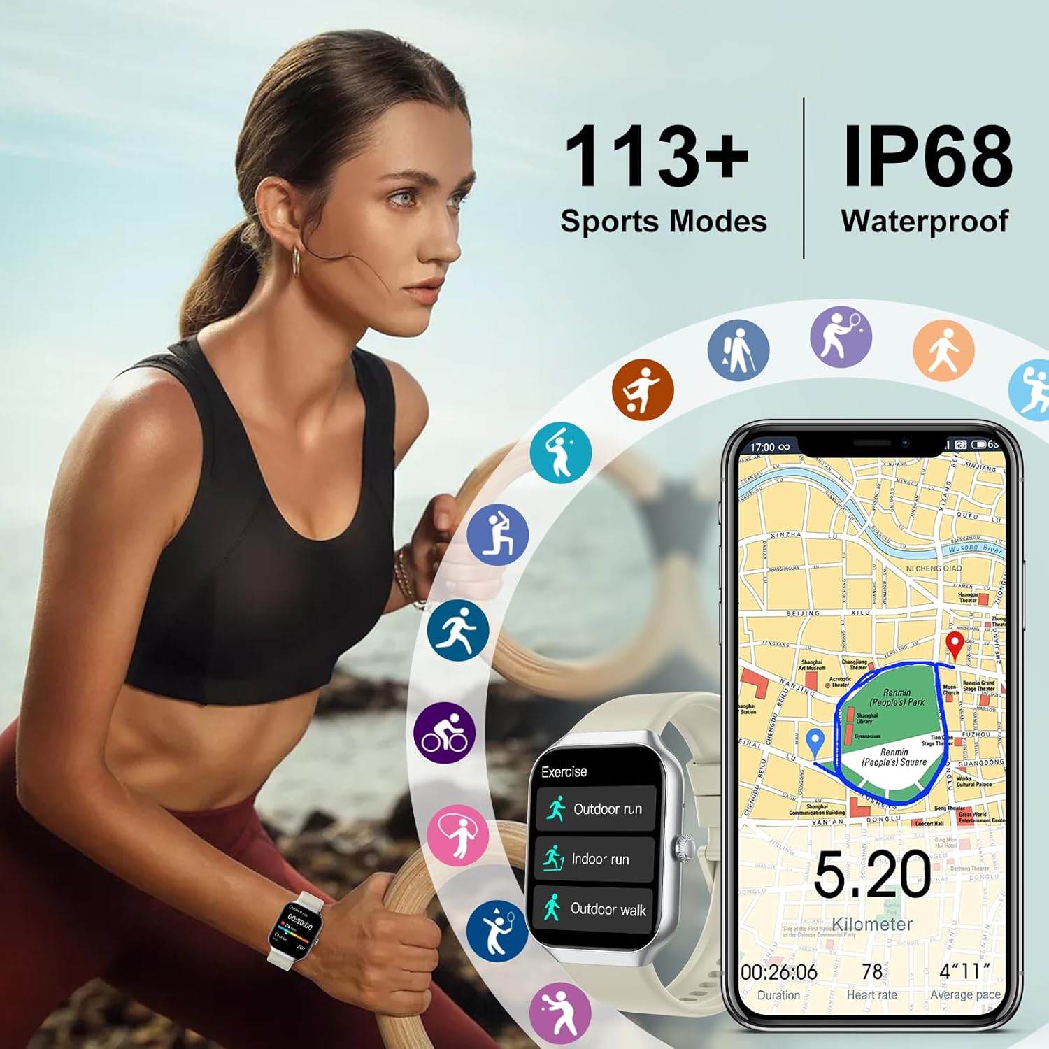 Jugeman Smart Watches for Women(Answer/Make Call), 1.96" HD New Smartwatch with Heart Rate/Sleep Monitor/Pedometer/Calories, 113+ Sports Modes, Fitness Watch IP68 Waterproof for Android iOS Beige - Image 4