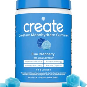 Create Creatine Monohydrate Gummies for Men & Women, Boost Focus, Strength, and Endurance, Anti-Melting Formula, Vegan, Gluten-Free, Non-GMO, 1.5g of Creatine per Gummy (Blue Raspberry)