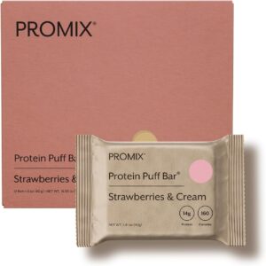 ProMix Nutrition Whey Protein Isolate Puff Bar, Low Carb Healthy Snack with Egg Whites – Grass Fed,Gluten Free, Low Sugar, Soy Free (Strawberries & Cream) – 12 Bars