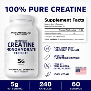 Creatine Monohydrate Capsules 5G | 60 Servings | Vegan | 4 Caps per Serving | Micronized Creatine Pills 5000mg | 240 Capsules | Creatine Pills For Men & Women | 2 Months Supply | Made Without Fillers