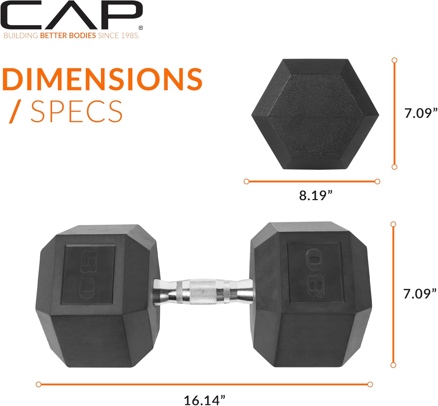 CAP Barbell 80 LB Rubber Coated Hex Dumbbell Hand Weight - Pair | Chrome Handle - Image 4