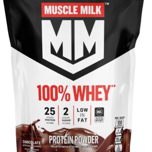 Muscle Milk 100% Whey Protein Powder, Chocolate, 5 Pound, 66 Servings, 25g Protein, 2g Sugar, Low in Fat, NSF Certified for Sport, Energizing Snack, Workout Recovery, Packaging May Vary