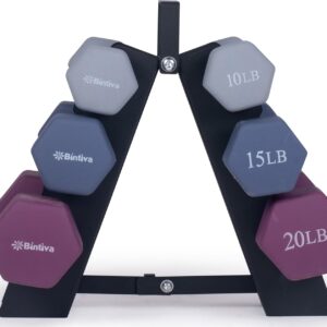 Dumbbell Set with Rack – Neoprene Coated Weights – Hex Color Coded Dumbell Pairs 1-20 LBs