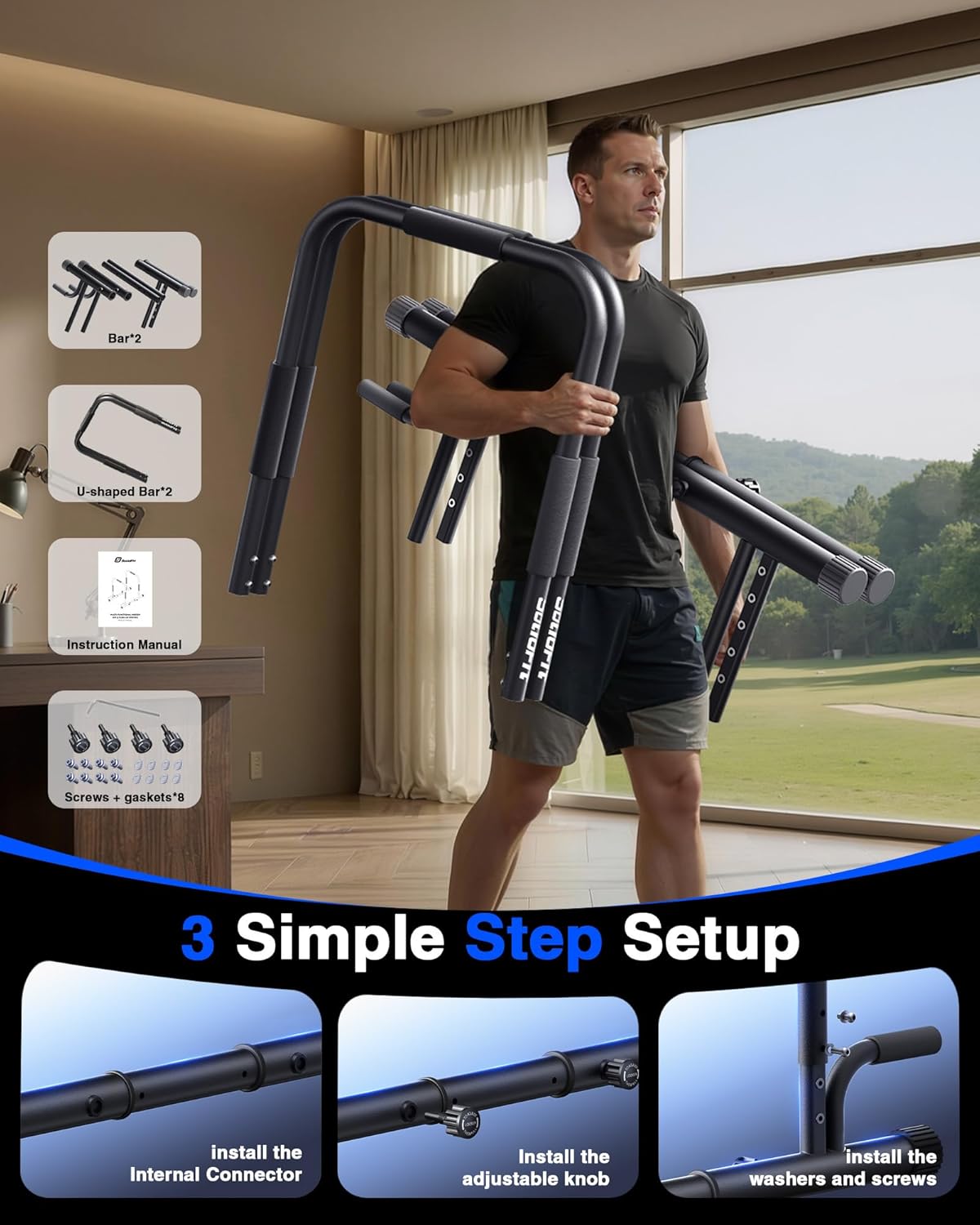 2026 Upgrade 2-in-1 Dip Bar Station - Dip Bars & Push Up Bars Adjustable Calisthenics Equipment with 420LB Bolt Washer Stable Design Dual Inner Connectors for Home Strength Training - Image 7