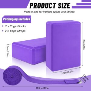 RETON Yoga Blocks Set of 2 with 2 Straps, High Density Purple Yoga Blocks, Lightweight EVA Foam Yoga Brick Pilates Block Pilates, Stretching and Toning