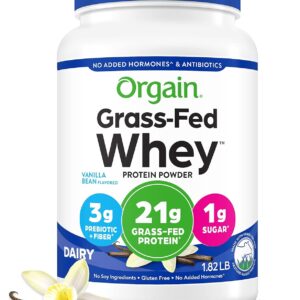 Orgain Whey Protein Powder, Vanilla Bean, 21g Grass Fed Dairy Protein, 5g BCAAs, 3g Prebiotic Fiber, No Sugar Added, No Added Hormones, Gluten Free, Kosher, for Shakes & Smoothies, 1.82 lb