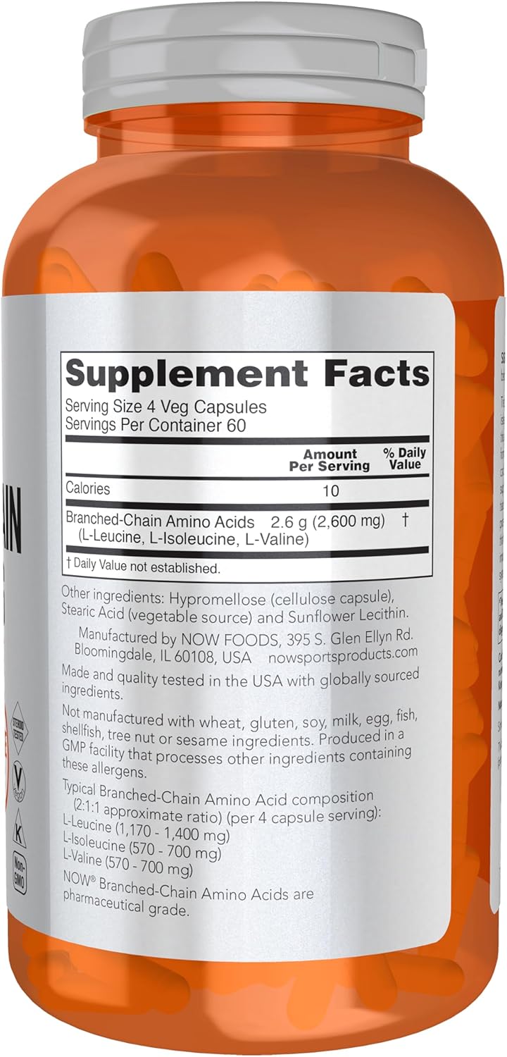 NOW Foods Sports Nutrition, Branched Chain Amino Acids, With Leucine, Isoleucine and Valine, 240 Veg Capsules - Image 2