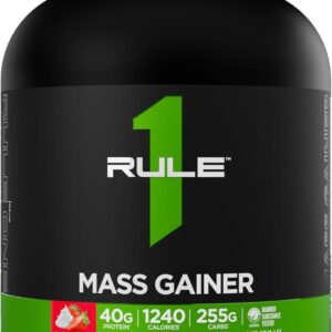 Rule1 Mass Gainer – High-Calorie Weight Gain Formula with 1,220+ Calories, 250g+ Complex Carb Blend, 40g All-Whey Protein Per Serving (8 Servings, Strawberries & Crème)