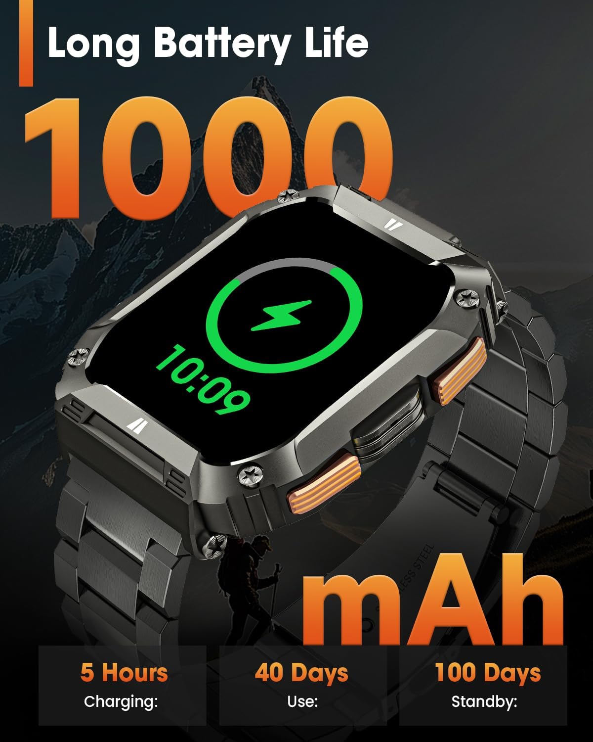 Military Smart Watches for Men, 1.95'' Smart Watch with 100 Days Battery/Flashlight, Fitness Tracker Watch with Heart Rate/Sleep Monitor/100+ Sports Mode,5 ATM Rugged Smartwatch for Android and iPhone - Image 3