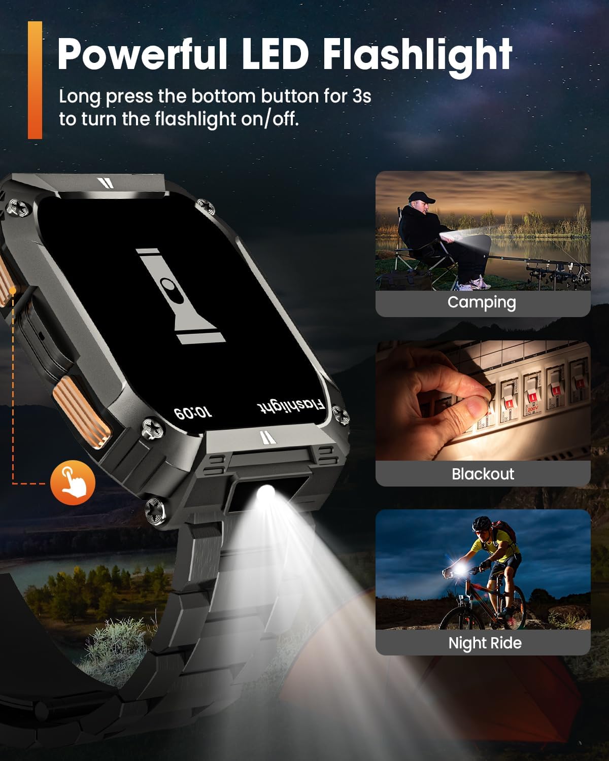 Military Smart Watches for Men, 1.95'' Smart Watch with 100 Days Battery/Flashlight, Fitness Tracker Watch with Heart Rate/Sleep Monitor/100+ Sports Mode,5 ATM Rugged Smartwatch for Android and iPhone - Image 4