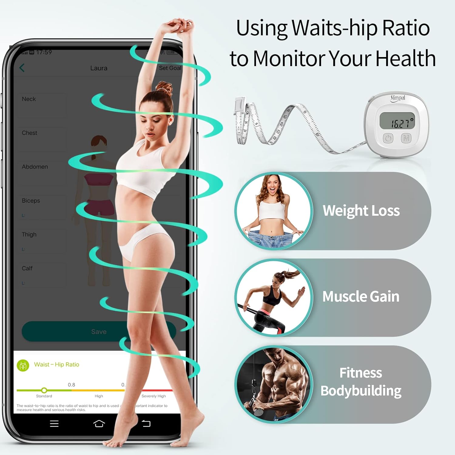 Slimpal Body Fat Measuring Tape and Smart Scale for Body Weight and Fat with APP Digital Bathroom Scale for Weight Loss, Body Composition and Circumference Analyzer - Image 4