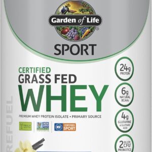 Garden of Life SPORT Whey Protein Powder Vanilla, Premium Grass Fed Whey Protein Isolate plus Probiotics for Immune System Health, 24g Protein, Non GMO, Gluten Free, Cold Processed – 20 Servings