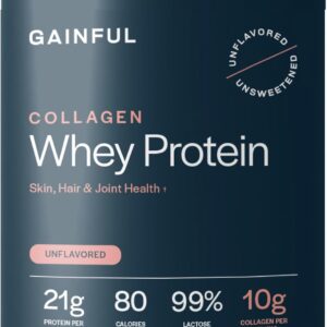 Gainful Collagen Whey Protein Powder, 21g Protein per Serving, Unflavored, Supports Muscle Recovery, Joint Health, and Skin Hydration with Grass-Fed Collagen Peptides, Vitamin C, 14 Servings