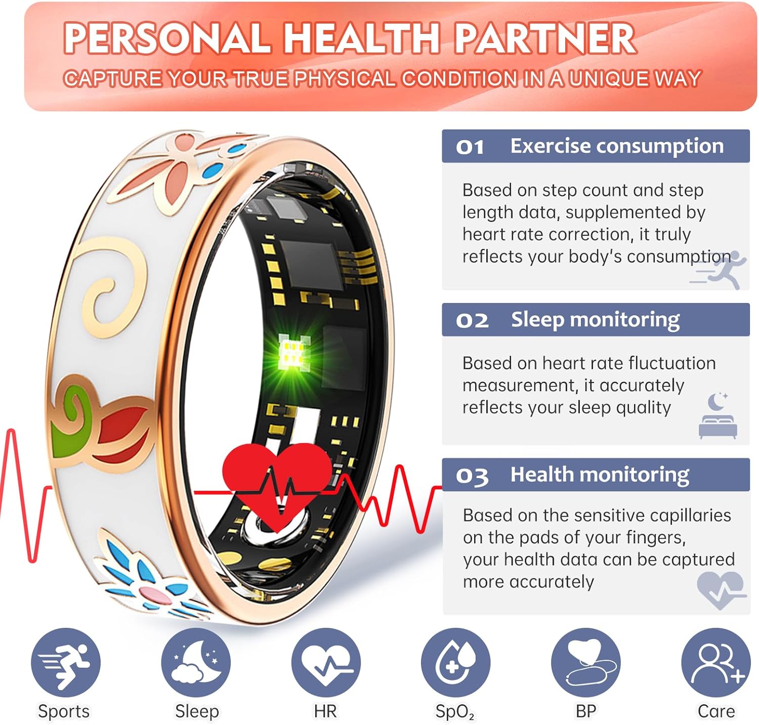 Smart Ring for Women Men Fitness Tracker with Heart Rate, Blood Oxygen, Blood Pressure, Sleep Monitoring, Step Counting, IP68 Waterproof, No Subscription Fee (Enamel Color, #7) - Image 2