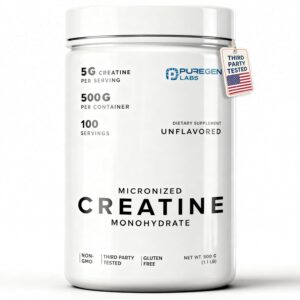 Puregen Labs Micronized Creatine Monohydrate Powder 500g – Pure, Unflavored, No Additives | 5000mg Per Serv (5g) – 100 Servings | Third Party Tested for Quality
