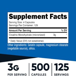 Nutricost Micronized Creatine Monohydrate 3,000mg 500 Capsules, 125 Servings, 750mg of Creatine Monohydrate Per Capsule