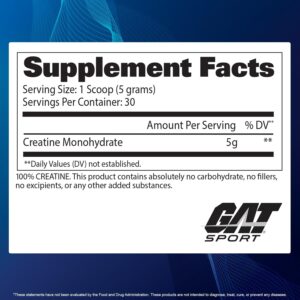 GAT SPORT Creatine Monohydrate Powder, 150 Grams, Strength, Brain Health, GLP1 Support Anti-oxidant, Endurance, for Men & Women, 1 Month Supply, Unflavored (30 Servings)